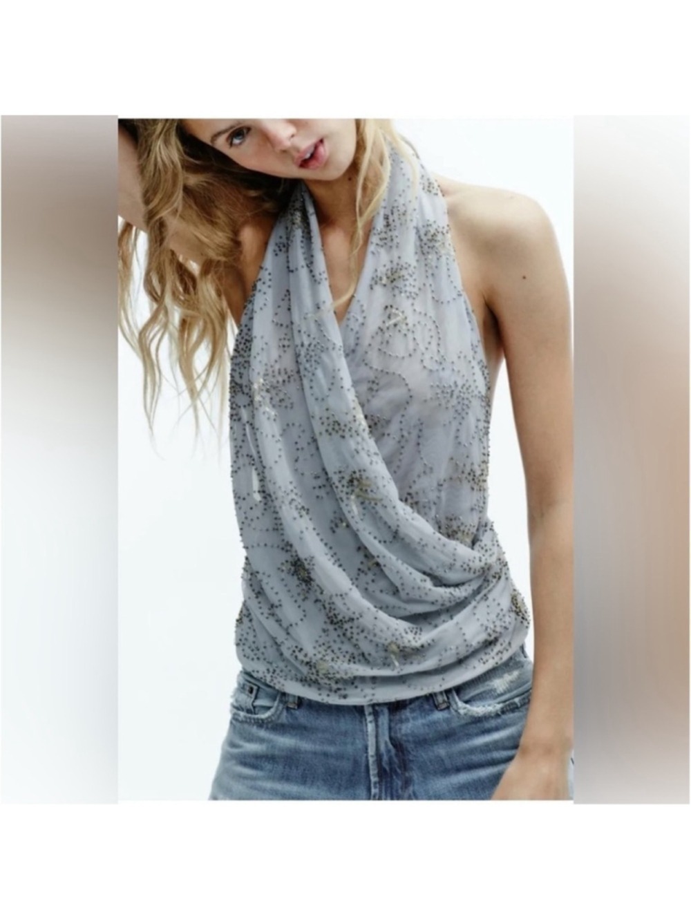 Zara Beaded Embroidered Halter Top Grey Blue L NWT Sold out